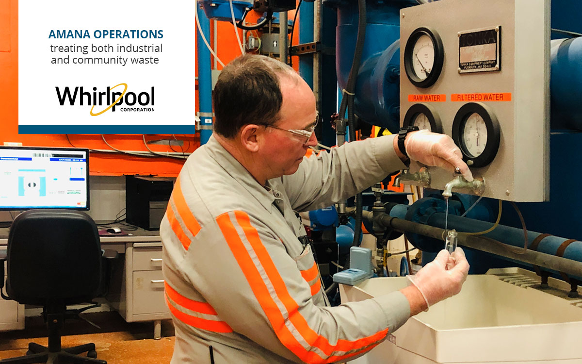 Waste water being treated by employee in Whirlpool Amana, Iowa manufacturing plant