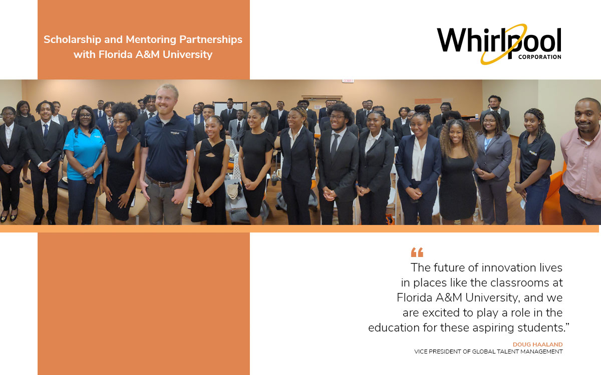 Photo of FEMU students and Whirlpool Corporation engineer mentors smiling, announcing the partnership between the school and Whirlpool Corporation