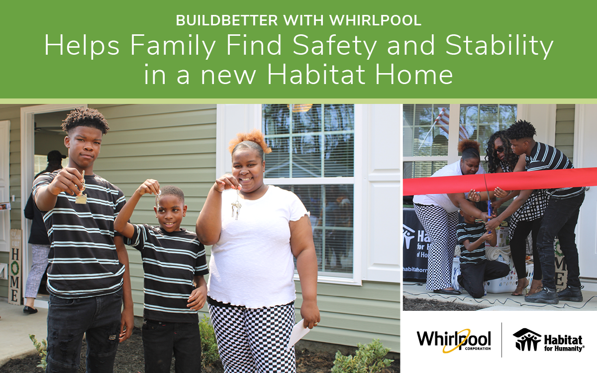 Onisha and her sons with the keys to their new home