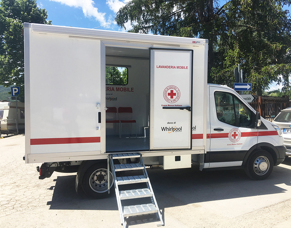Mobile laundromat delivered to community of Amatrice is designed in joint collaboration between the Whirlpool Corporation and the Italian Red Cross