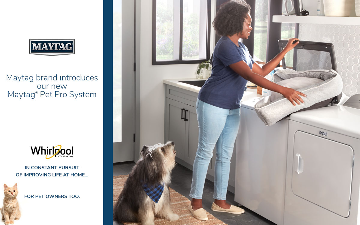 Maytag Pet Pro, woman in laundry room with a dog near her washer