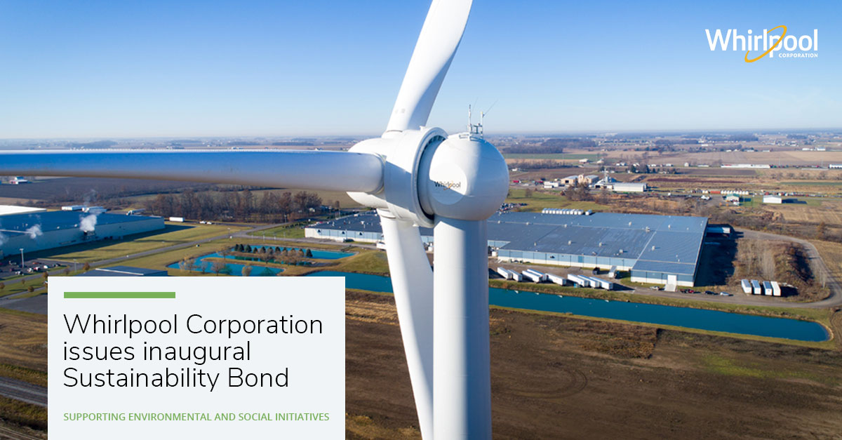 Photo of Wind Turbine with announcement for Whirlpool inaugural Sustainability Bond