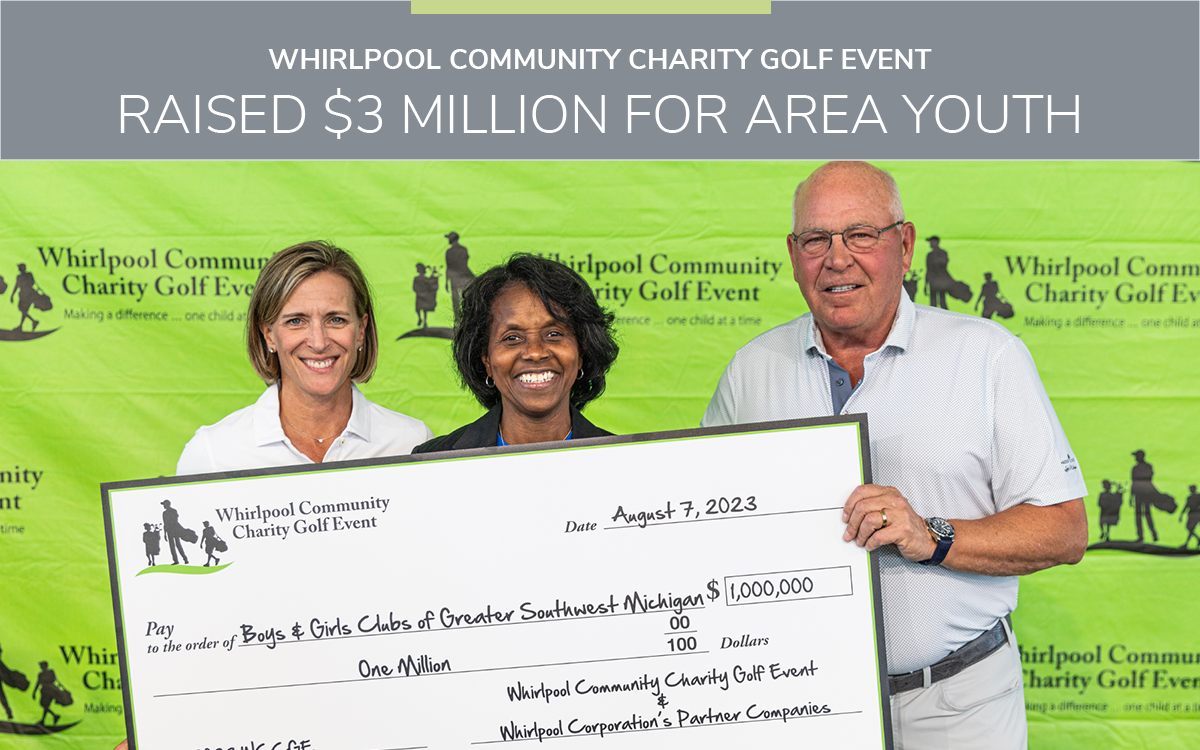 Whirlpool Community Charity Golf Event presenting a large check for 1 million dollars to the Boys and Girls Club of Greater Southwest Michigan