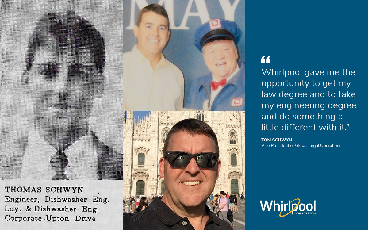 Early and late photos of Tm Schwyn, Whirlpool VP of Global Legal Operations